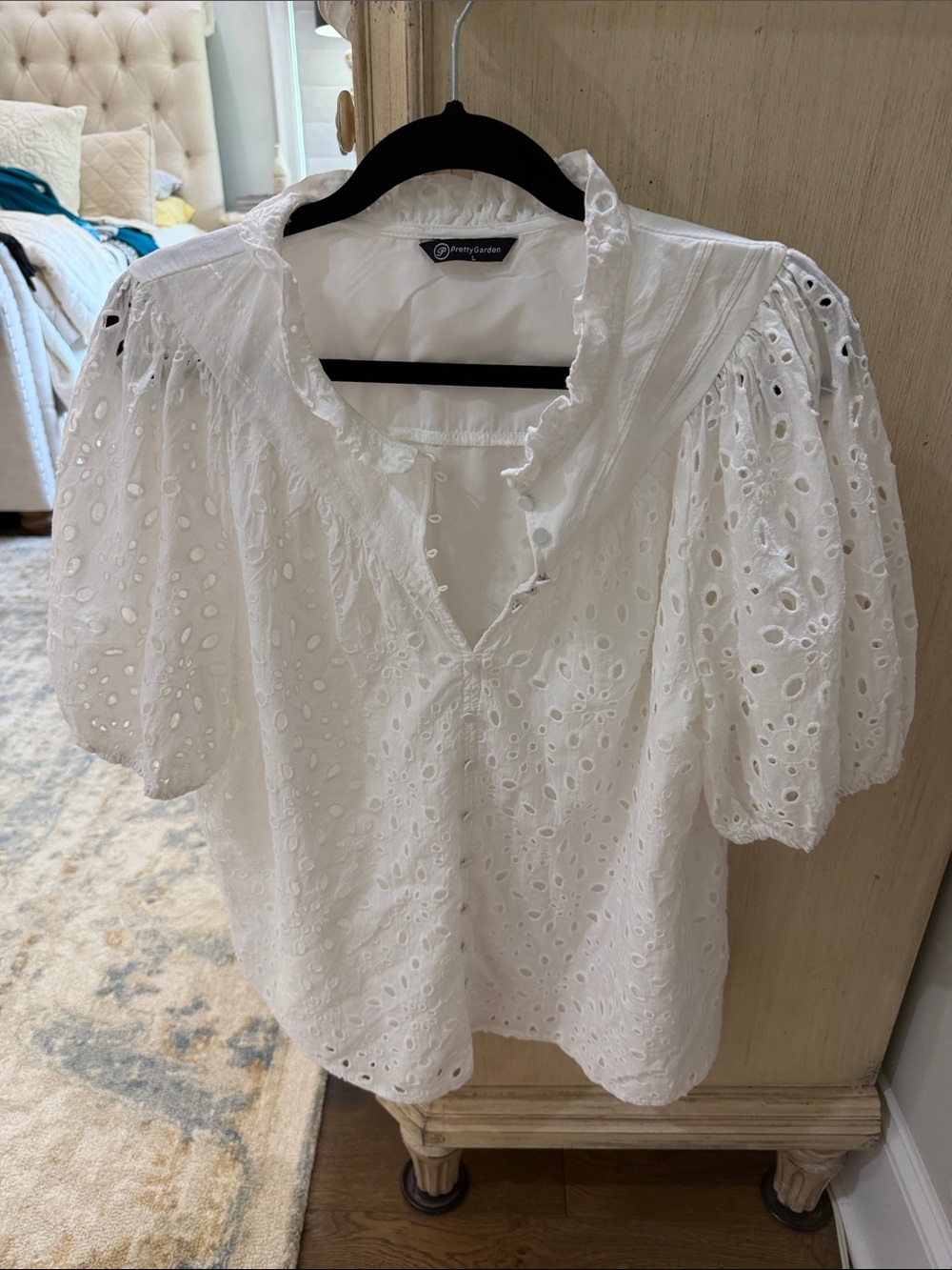 PrettyGarden White Eyelet Ruffle-Neck Puff Sleeve Blouse